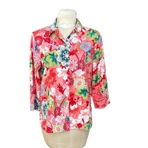 Natori Private Luxuries “Marrakesh Garden” Pink Coral Multi Pajama Top Flowers L